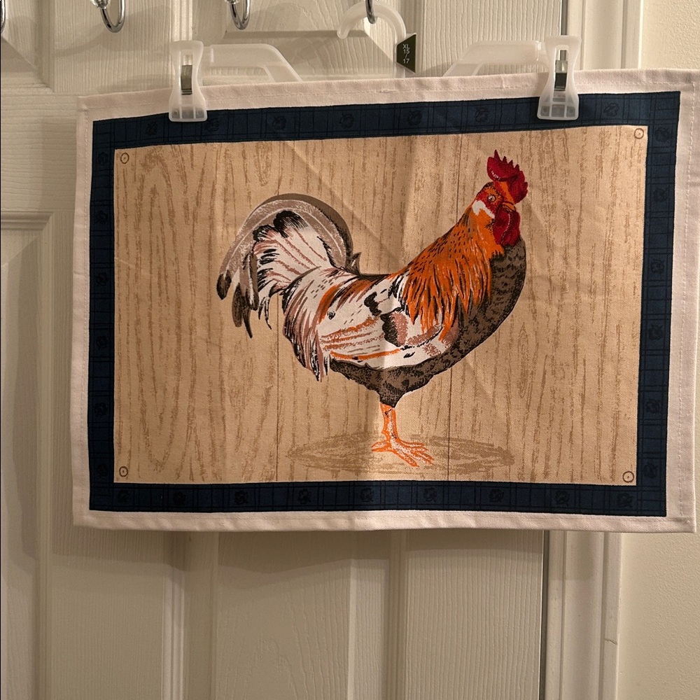Rustic Rooster Farmhouse Country Chic Fabric Placemats with Blue Trim - Set of 4